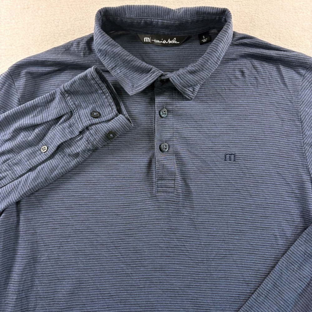 TravisMathew Mens Navy Blue Micro Stripe Long Sleeve Polo Shirt 1MT068 Size S